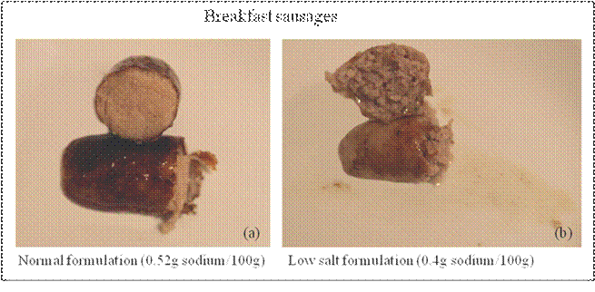 Figure 2.3 Breakfast sausages with (a) normal formulation and (b) low-salt formulation