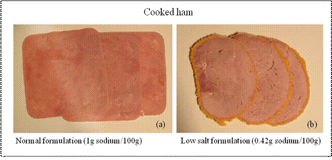 Figure 2.4 Cooked ham with (a) normal formulation and (b) low salt formulation